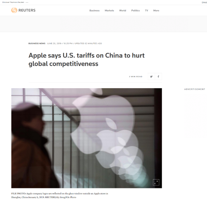 苹果公司敦促特朗普：不要继续对华加征更多关税